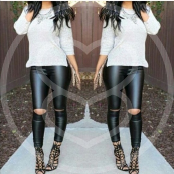 Black Cut out knee Vegan leather leggings Fitted Sexy - Picture 1 of 5